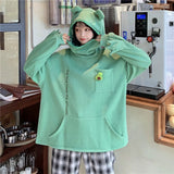 QWEEK Frog Hoodie Women Doll Zipper Sweatshirts Oversized Cute Tops Kawaii Tracksuit Long Sleeve Pullover Korean Style