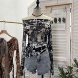 Graffiti-Printed Shoulder-Threin Mesh Long-Sleeved Blouse Side Drawstring Tethered With Slime T-Shirt