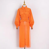 Casual Patchwork Perspective Dress For Women Lapel Lantern Long Sleeve High Waist Elegant Dresses Female