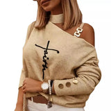 Toloer Street Style Irregular Shoulder Strap Nail Button Print Long Sleeve Off-Shoulder