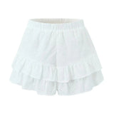 pieces 1 set 2024 Holiday White Embroidery Hollow Out hole Lace Loose Shirt + Elastic Waist 2 Layers Ruffles Cuff Mini Shorts-Outfit