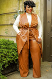 Plus Size Pocket PU Leather Long Vest And Pant 2 Piece