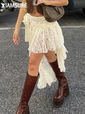 Casual Solid Lace Asymmetrical Skirt Basic Slim Mid-Waisted Mini Skirts Women 2023 Summer Fashion Streetwear Ladies-Outfit