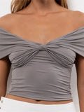 Women V-Neck Off Shoulder Tees Shirts Short Sleeve Front Knotted Ruched Solid Color T-Shirts Aesthetic Crop Tops 2024-Outfit