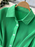 Casual Women Green Shirt Dress New Spring Autumn Turn Down Collar Flare Sleeve Single Breasted Female Dress