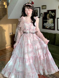 Floral Pink Dress Women Print Fairy Midi Dresses Female Holiday High Street Designer Chic Korean Fashion Strap Dress