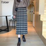 Korean Plaid Midi Skirt Women 2023 Spring Autumn High Waist Split One-step Skirts Woman Harajuku Students Long