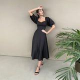 Graduation party Sexy Slash Neck Backless Midi Dress Autumn High Waist Elegant Puff Sleeve A-Line Long Party Dresses For