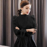 Autumn Korean Style Chiffon Shirt Chic Elegant Multi-layer Pleated Stand Collar Blouse Women Puff Sleeve Sunscreen Top