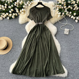 Summer Senior Round-Neck Short-Sleeved Dress, Tie, Waist Splicing, Elegant Large Hem
