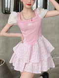 Sweet Dress Women Vintage Patchwork Party Mini Dresses Female Korean Fashion Holiday Square Collar Casual Dress