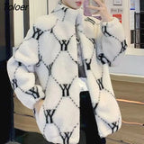Korean Lamb Wool Coat Women Rabbit Plush Loose Letter Imitation Fur Integrated Sheep Shearing Warm Jacket Womens