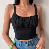 Sexy Tank Top Black Pleated Crop Tops Women Summer Camis Backless Camisole Fashion Casual Tube Top Female Sleeveless Crop