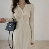 Long Sleeve Dresses Solid Color Sheath V-neck Buttons High Waist Ladies Elegant New Vestidos Knitting Korean Style