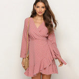 Summer Chiffon Dress Women Print Dot Boho Beach Dresses Casual Ruffle Long Sleeve A-line Mini Party Dress