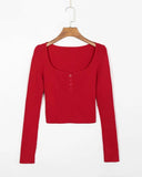 Red Women Sweater Square Collar Buttons Knitted Tops France pull femme Long Sleeve