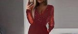 Women's Elegant Fashion Solid Color V-Neck Mesh Splicing High-Waist Pocket
