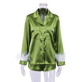 Wear Women Soft Feather Home Suit Button Up Top Slim Pants Two Piece Set 2022 Casual Pajama Elegant Lady Homewear
