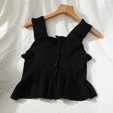 2023 Y2K Buttons Cute Women Cropped T-shirt New Streetwear Stripe Sexy Summer OFF White Ruffles Sleeveless