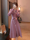 Knitting One Piece Dresses Women Casual Long Sleeve Button Sweater Midi Dress Elegant Female Office Korean 2023