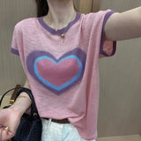 Women's Heart-shaped Printing Thin Bamboo Knot Cotton Short Sleeve Casual Loose and Cool Versatile Temperament Tops-Outfit