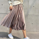 Spring 2019 Women Long Metallic Silver Maxi Pleated Skirt Midi Skirt High Waist Elascity Casual Party Skirt