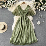 Women French Lace Dress Short Sleeve V Neck Elastic Ruched A-line Dresses 2022 Summer Elegant Streetwear Midi