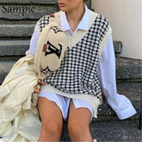 Autumn 2020 Women Y2K Beige Houndstooth Sweater Vest Off Shoulder Pullover Knitted Sleeveless Fall Casual Tops