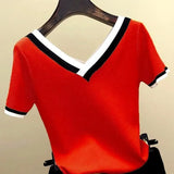 Women Blouse 2021 V-Neck Contrast Color Striped Top Tops Clothes Knitted Short Sleeve Shirt Femme Camisetas Mujer