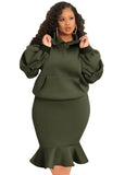 Plus Size Puffed Long Sleeve Hoodies And Fishtail Skirt 2 Piece