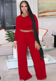 Fashion Slim Long Sleeve Round Neck Crop Top And Matching Wide Pants