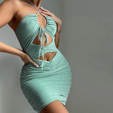 Graduation party Dresses Women Hollow Out Bodycon Dress Knitted Halter Summer New Backless Solid Club Party Sexy Skirt Bright Silk Women