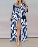 Loose Striped Shirt Dress Women Fashion V-neck Long Sleeve Loose Striped Print Slit Maxi Dress for