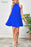 Summer Elegant Solid Color Mini Dress Sexy Sleeveless Pleated Women Loose Black Blue O-Neck Female Street White
