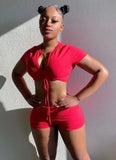 Sexy V-neck Short Sleeves Crop Top Solid Lace Up Two Piece Shorts