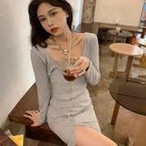 New Suit Hottie Exposed Umbilled Long-Sleeved Top + High Waist Open Half-Body Bag Skirt Two