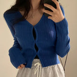 Cropped Cardigan Women V Neck Covered Button Solid Stretch Thin Spring Long Sleeve Knitted Tops Casual Lady Sweater-Outfit