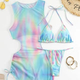 2024 New Gradient Print Mesh Dress Three-Piece Swimsuit Swimsuit