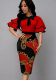 Printed Vintage Bow Short Sleeves Cascading Ruffle Pencil Midi