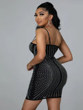 Sexy Black Rhinestone Beaded Straps Bodycon Club