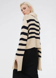Fashion Beige Stripe High Collar Slit Long Sleeve Knit