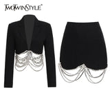 Casual Patchwork Chain Two Piece Set Women Notched Long Sleeve Blazer Temperament Skirts Women's Set Spring