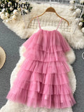 Women Retro Ruffles Pink/Green Strap Dress Mesh Spliced Wood ears Hem Cake Mini Party Dresses Robe Vestido