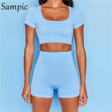 Summer 2021 Sport Women Short Sleeve Set Skinny Yellow Tracksuit Casual Tops And Biker High Waisted Shorts Two Piece