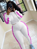 Ribbed Knitted White Pink 2 Two Piece Set Women Outfits Bodycon Long Sleeve Crop Top Leggings Women Tracksuit Matching