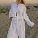 pieces 1 Set 2024 Spring Summer Holiday Bow Lacing up Loose Long Sleeve Shirt + Elastic Waist Wide Leg Straight Pants Beach-Outfit