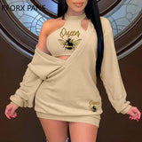 Women Fashion Long Sleeves Crop Top Inside Deep V Neck Bee Pattern Mini Ins Sexy Dress Set-Outfit