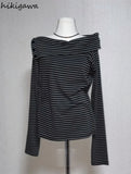 Tshirts 2023 Shirts for Women Chic Striped Long Sleeve Tunic Tees Off Shoulder Button Casual T Shirts Crop Tops Ropa Mujer-Outfit