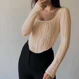 2024 Early Autumn New French Design Feeling Folded U Collar Simple Solid Color Long Sleeve Top Lady