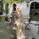Korean V-neck Pleated Maxi Dresses for Women Ladies Party Fringed Lace Puff Sleeve Ruffled Lady Dreses Elegant